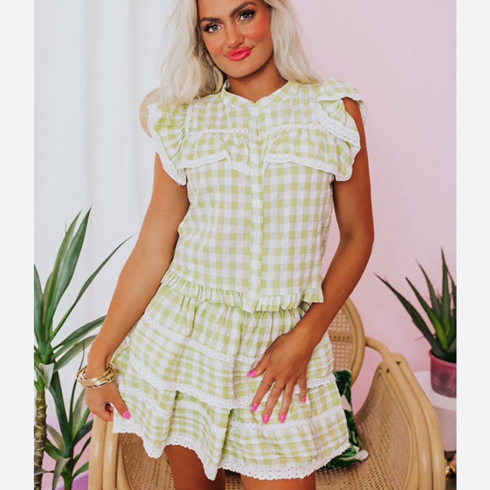 Day + Moon green & white gingham checkered lace ruffles tiered mini skirt Size M